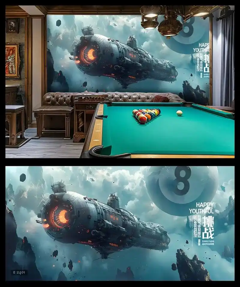 太空系列台球厅灯箱广告,台球厅壁画背景墙.