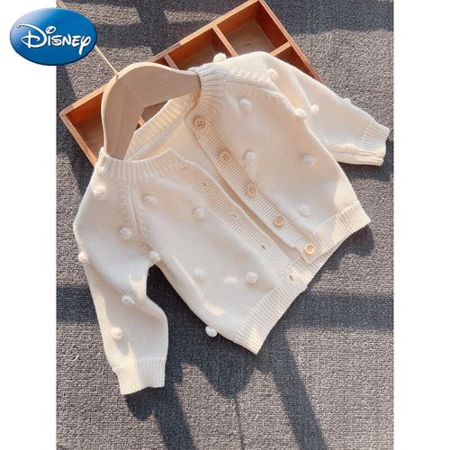 迪士尼(disney)ins韩版婴儿外套手工毛球针织开衫女宝宝毛衣纯棉棉纱