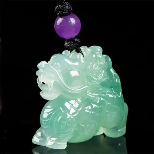 缅甸天然a货翡翠冰糯水润立体麒麟吊坠 10.72g(总质量含珠绳)