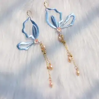 玲川缠花珍珠耳环复古古典古风汉服流苏耳饰配饰简约蝴蝶耳夹耳钩蓝色