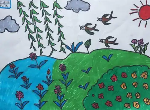 贺兰县太阳城第三幼儿园中三班美工活动"画中的春天"