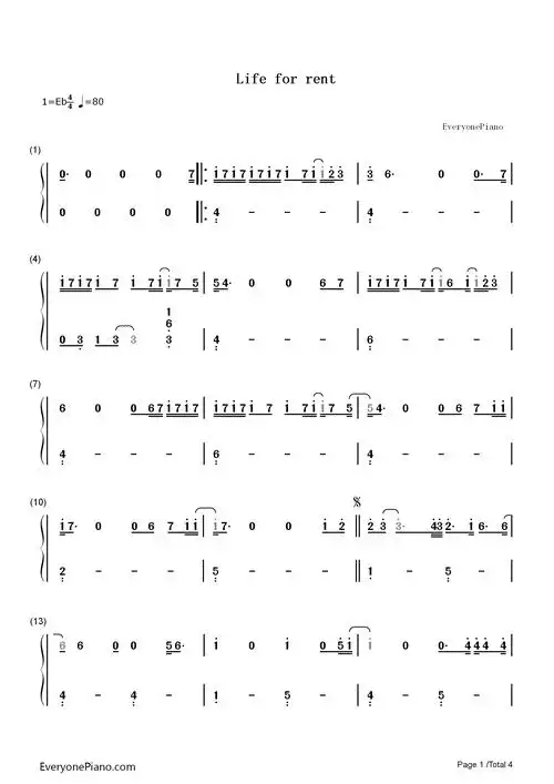 life for rent-dido-钢琴谱文件(五线谱,双手简谱,数字谱,midi,pdf)