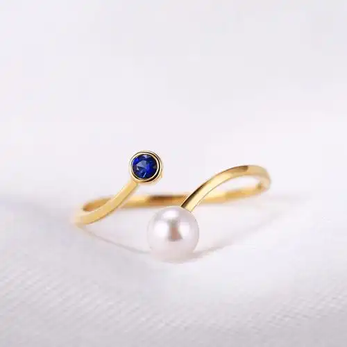 年代记 日本akoya 天女珍珠海水珠 18k戒指蓝宝石 女戒 正圆彩宝