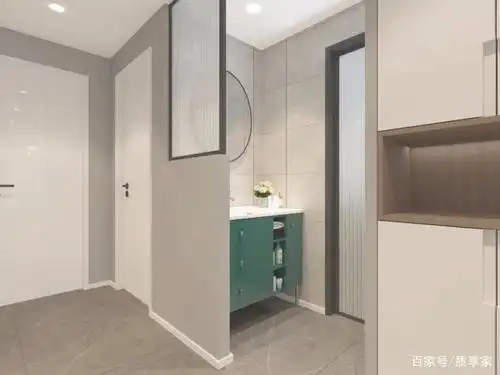 ▼卫生间  bathroom 客卫做干湿分离,干区做半高墙体,上面定制长虹