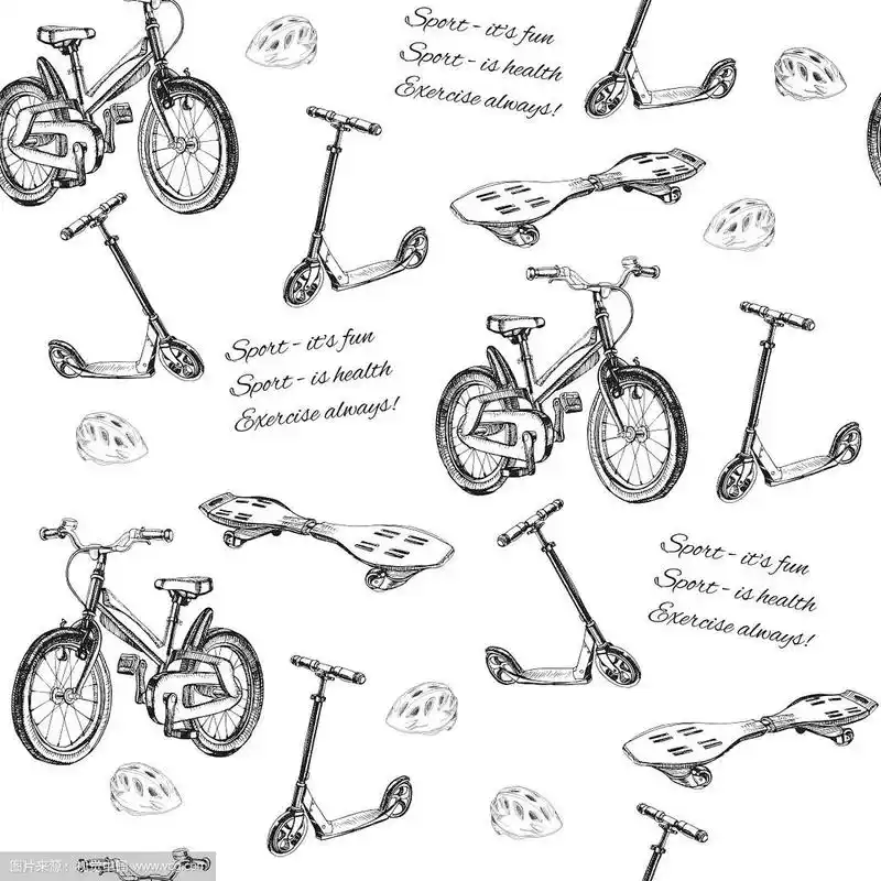 无缝图案手绘婴儿滑板车