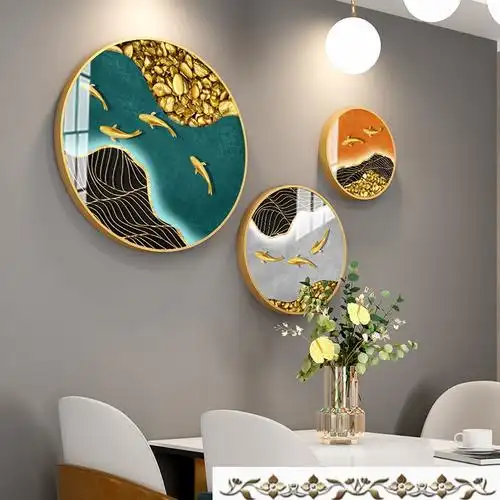 怡茹餐厅挂画轻奢现代简约饭厅装饰画九鱼图背景墙面高端大气圆形壁画