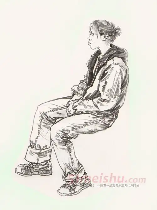 《权威范本-速写卷1》女青年坐姿速写写生作品_人物速写 - 51美术高考