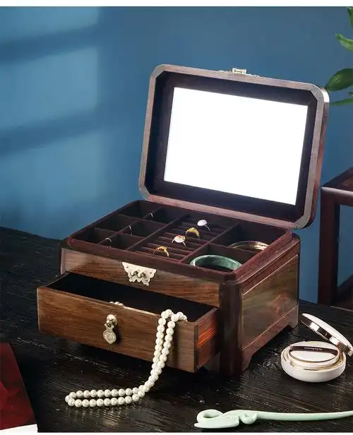 中式复古首饰盒实木首饰盒新中式带锁首饰收纳盒大红酸枝大容量饰品盒