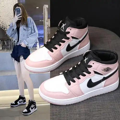 aj女鞋樱花粉联名鞋子黑白熊猫高帮板鞋莆田正版官网鸳鸯情侣鞋女