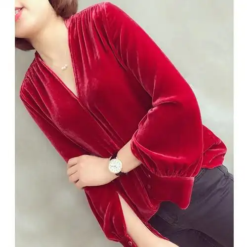 玛氏服饰 2018春夏新品真丝丝绒v领上衣修身欧美范休闲长袖衬衫女_7折