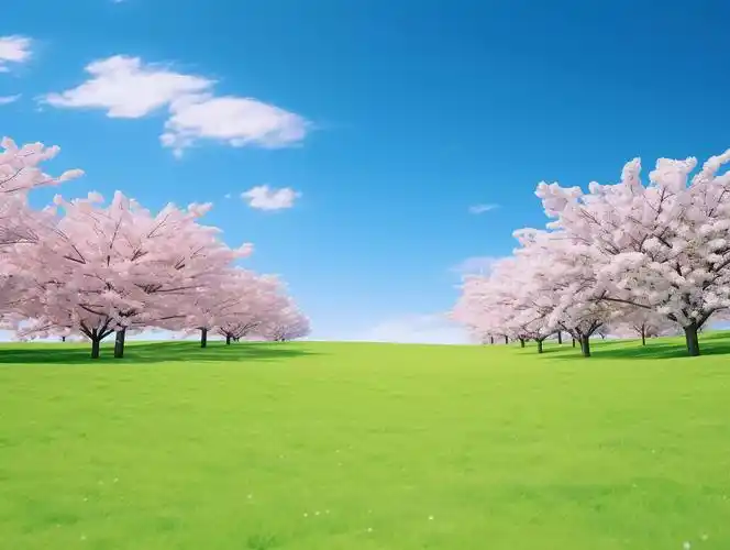 绿色草地与粉色樱花树春天清新风景美丽的大自然青草植物