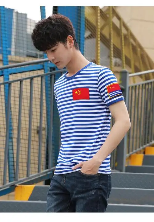 海魂衫男夏季条纹短袖t恤蓝白横圆领纯棉短袖t恤简约八一军旗海军体