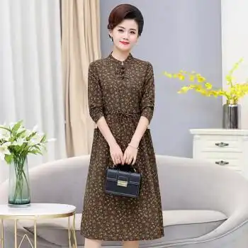 中老年棉麻长款长袖连衣裙中年女士过膝裙中长款连衣裙咖啡色5xl建议
