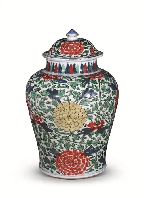 清康熙 青花五彩花卉将军罐