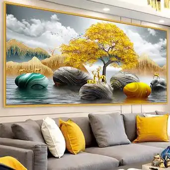 自粘山水画3d现代简约沙发背景墙壁画轻奢墙纸防水贴画卧室装饰画