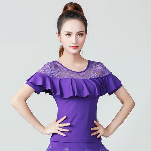 摩登舞上衣女短袖新款蕾丝国标交谊舞广场舞拉丁舞中老年三步踩服
