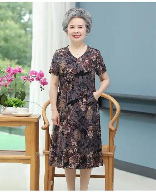 女装连衣裙夏季新款中老年人奶奶夏装纯绵绸连衣裙女裙子中长款妈妈