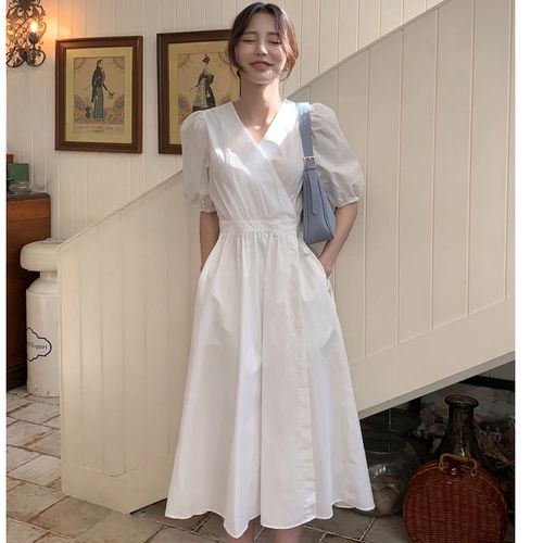 韩系白色连衣裙女夏季新款高腰系带休闲裙一片式v领过膝显瘦长裙