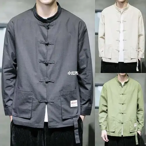 中国风男装盘扣长袖工装衬衫衬衣复古秋季上