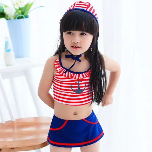 儿童泳衣女新款条纹时尚飞边分体三角透气女童舒适可爱泳衣1102