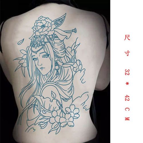 虞姬艺妓满背纹身贴大花胸男女防水持久仿真刺青色线条贴纸美女