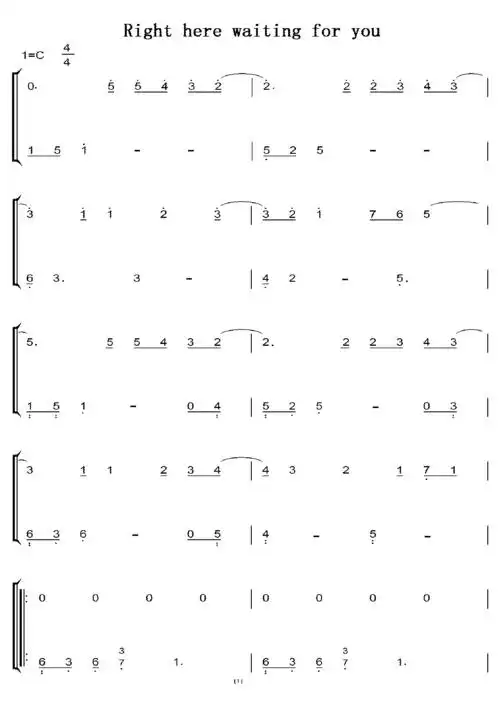 right here waiting for you 初学者c调简易版 钢琴双手简谱 钢琴简谱