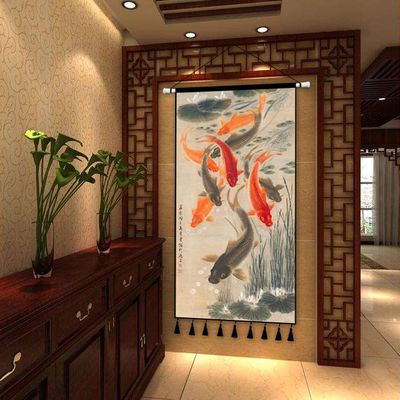 中式挂画布艺九鱼装饰画客厅背景墙装饰挂布玄关超大布画挂毯