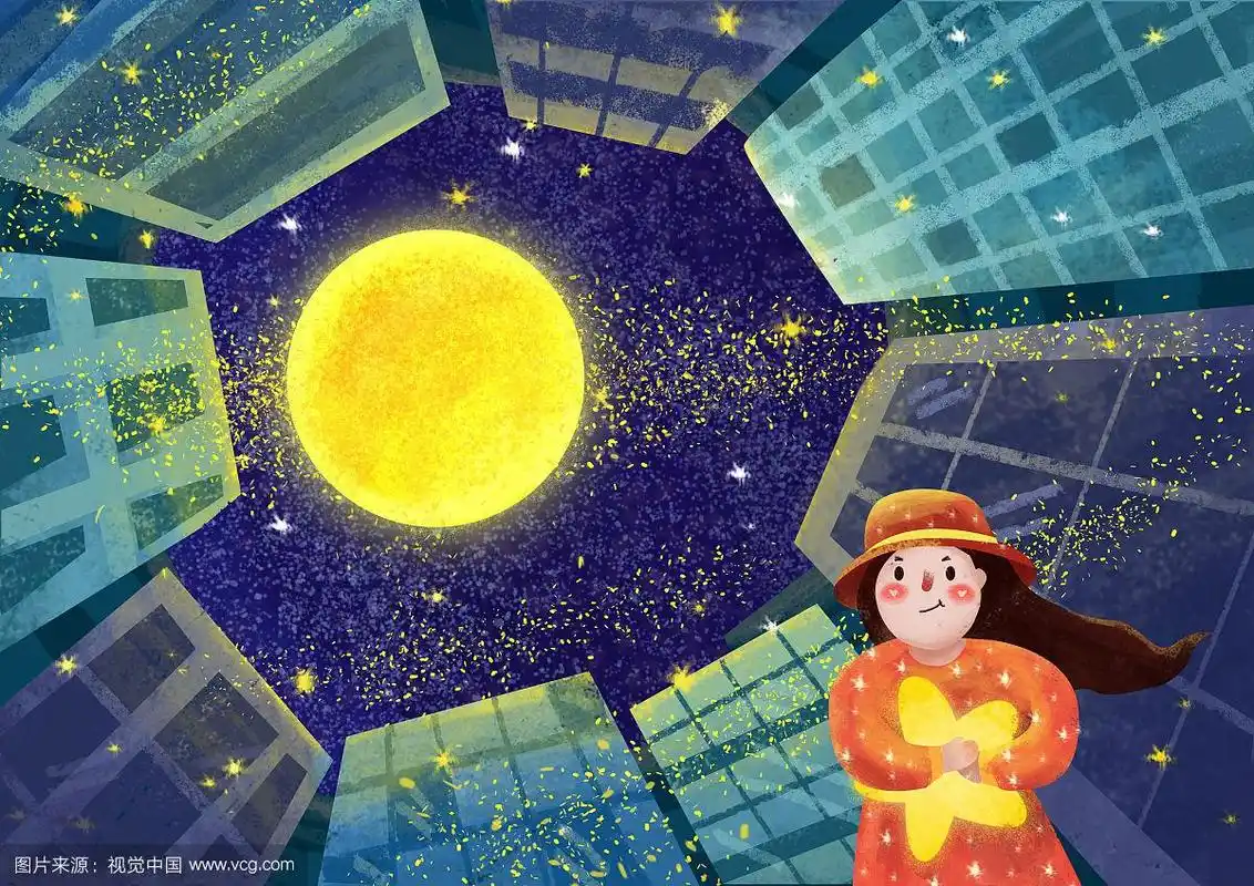 抱着星星仰望星空的女孩