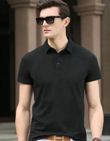 夏季薄款纯棉男士短袖衬衣领polo衫中年商务t恤男半袖开领男体恤 黑色