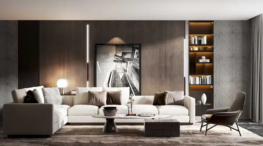 现代客厅沙发椅子茶几角几书柜背景墙