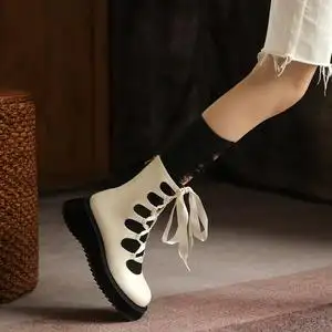 仙女真皮罗马绑带凉靴马丁靴骑士靴镂空女内增高单鞋玛丽珍小皮鞋