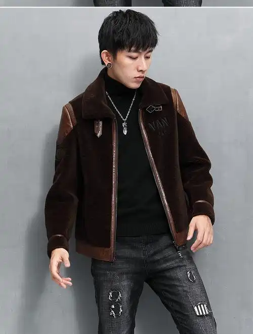 罗蒙官方精品眞皮皮衣男士羊剪绒皮毛一体羊羔毛大衣潮男短款翻领皮草