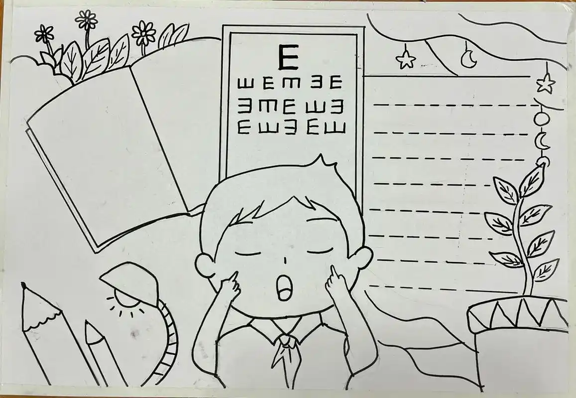 "全国爱眼日"主题手抄报～   一不小心,儿子就把小男生的胳膊涂成橘色