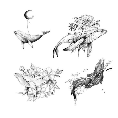 网红ins风鲸鱼大鱼海棠套装纹身贴防水女仿真 锁骨肩膀ins风贴纸