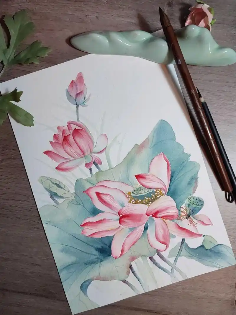 古风荷花‖内附详细步骤和线稿.#水彩 #画画 #荷花 #画画 - 抖音