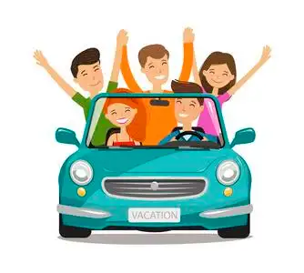 快乐的年轻人或朋友坐小汽车旅行.卡通矢量插画照片