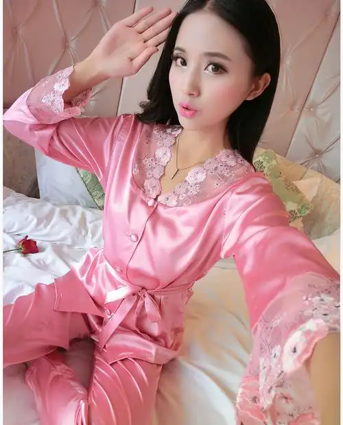 上海故事蕾丝刺绣仿真丝睡衣套装女秋季两件套休闲家居服粉色m