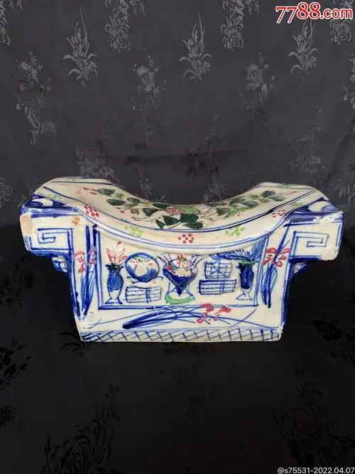 清末淄博窑手绘青花红绿彩多子多孙人物元宝枕老枕_价格2580元【相濡