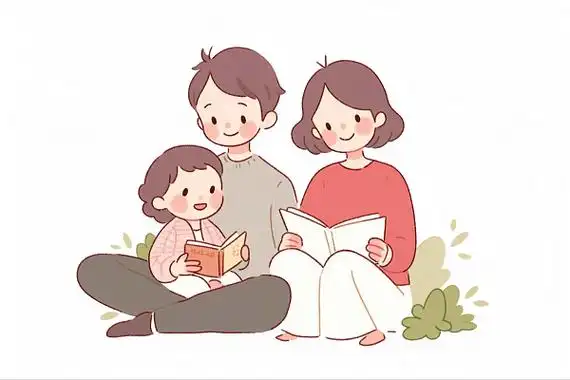 爸爸妈妈坐在地上给坐在怀里的孩子读书卡通ai插画亲子教育世界读书日