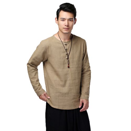 棉麻男装 男士亚麻t恤 男士上衣 圆领四布扣长袖