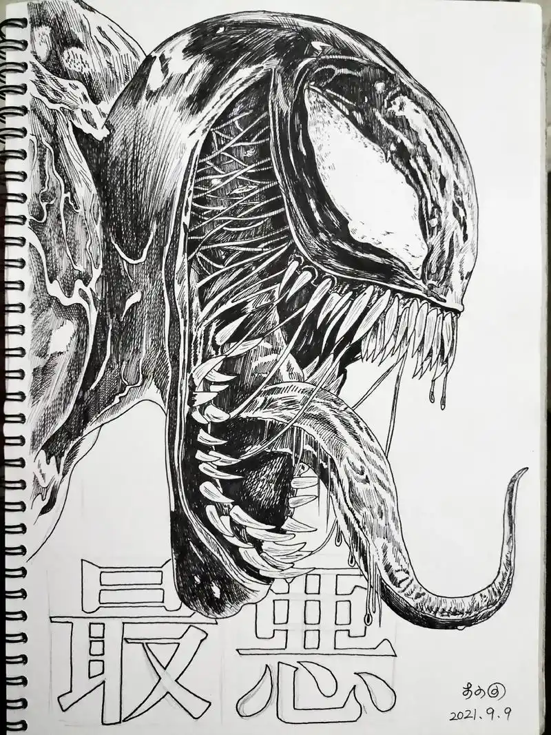 线描素描钢笔画毒液.#线描 #素描 #钢笔画 #毒液 #绘画 - 抖音