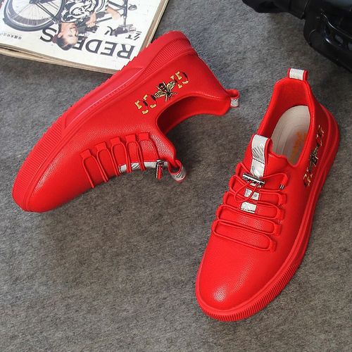 新款本命年红色男鞋时尚韩版潮流百搭休闲板鞋男士一脚蹬小红鞋子