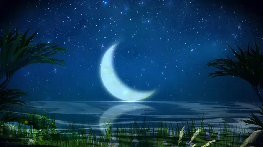 4k唯美蓝色星空可循环中秋节弯弯的月亮背景mp4