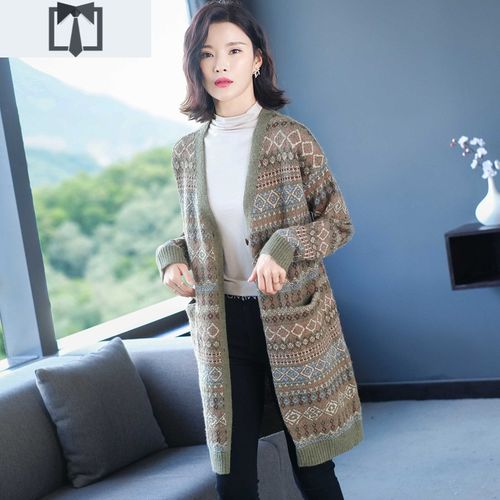 针织衫女外套春秋洋气外搭宽松中长款复古钩花加厚粗毛线毛衣开衫毛衣