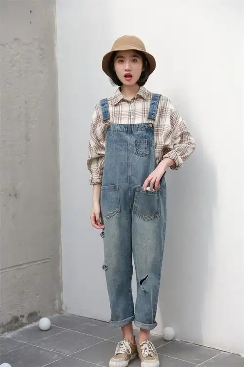 【面料】复古宽松牛仔背带裤女九分裤韩版春夏破洞学生连体裤 m码建议