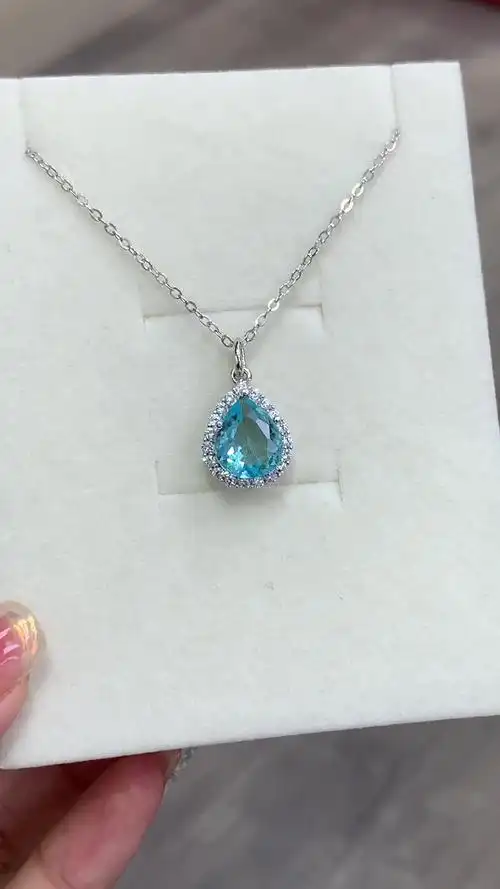 水滴天然海蓝宝吊坠项链女s925纯银轻奢小众高级感气质镶钻锁骨链