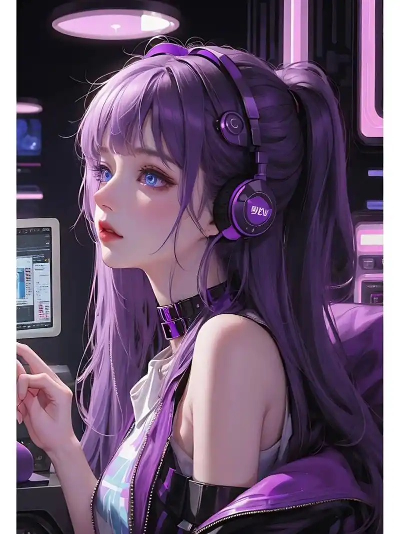 戴耳机电竞少女动漫头像 |紫色系   "你是声色张扬下我欲盖弥彰的温柔