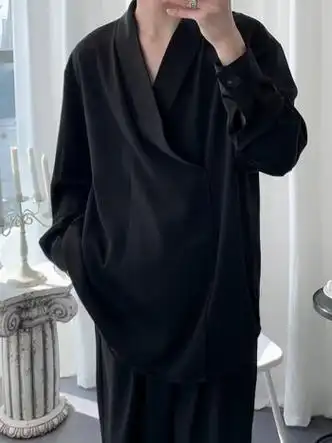 耐杰鲨naijiesha高冷系黑衬衫男不规则深v领长袖气质上衣发型师潮装套