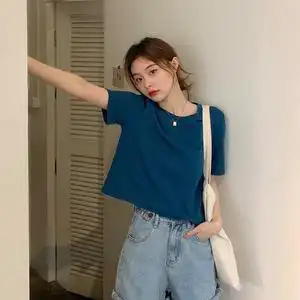 复古短装上衣配高腰短袖夏天雾霾蓝t恤女正肩短款阔腿裤卡腰小衫