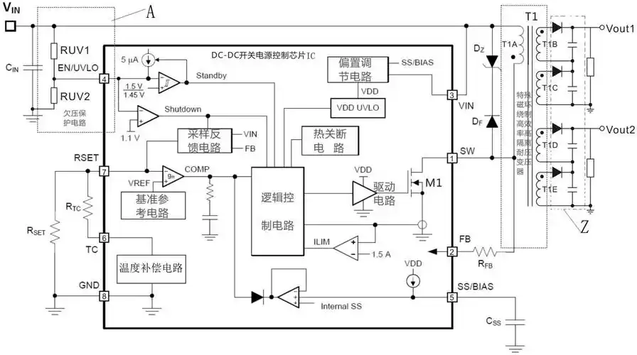 电路和电压输出控制模块相连;所述的dc62dc开关电源控制芯片采用